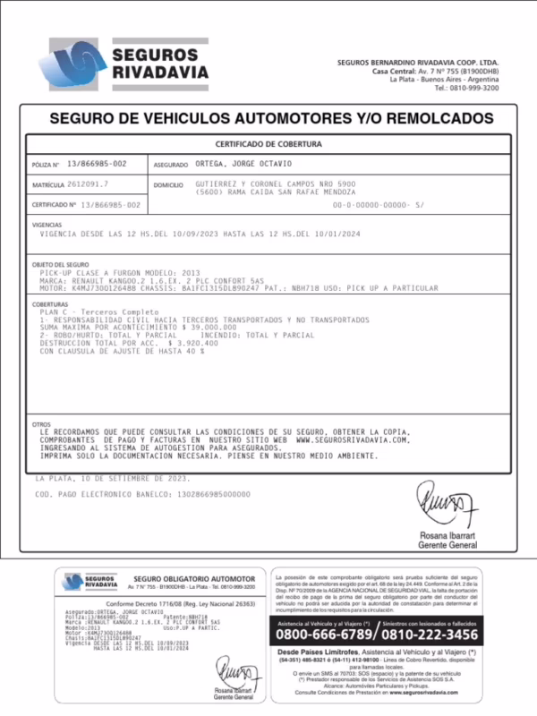 ¿Cómo se llama el comprobante de cobertura de seguro?